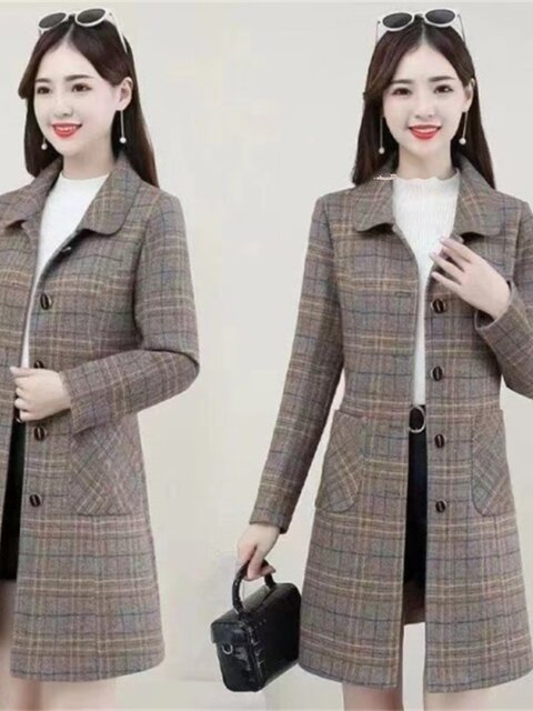 Woolen Spring Coat This year's popular large -size plaid woolen woolen trench coat female ...