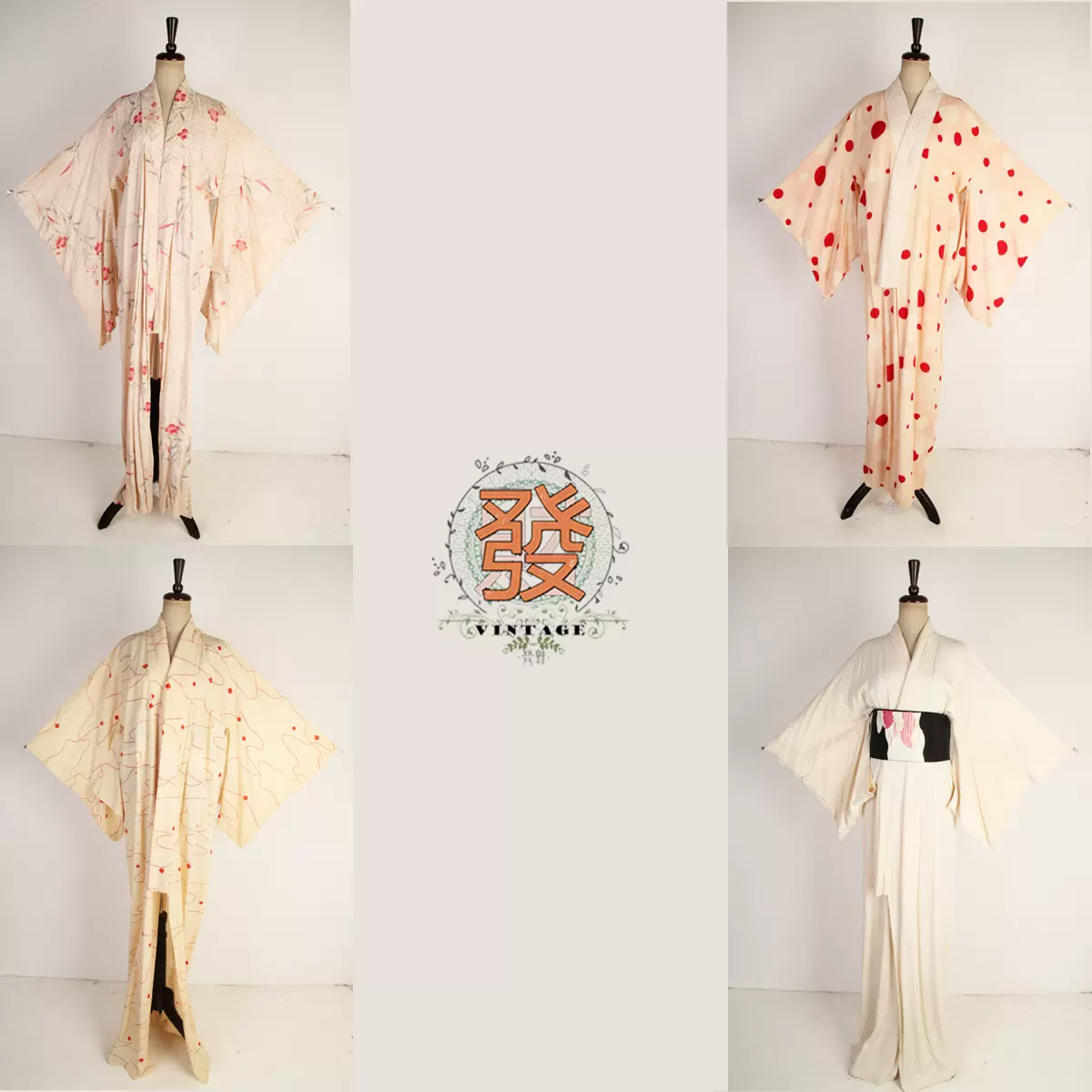 vintage古着日本传统民族服饰长襦袢印花纯白和服写真舞台18-137