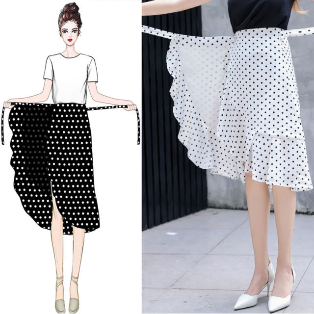 Polka dot skirt summer women's spots 2024 new one-piece lace-up wrap skirt mid-length black and white dot fish tail skirt