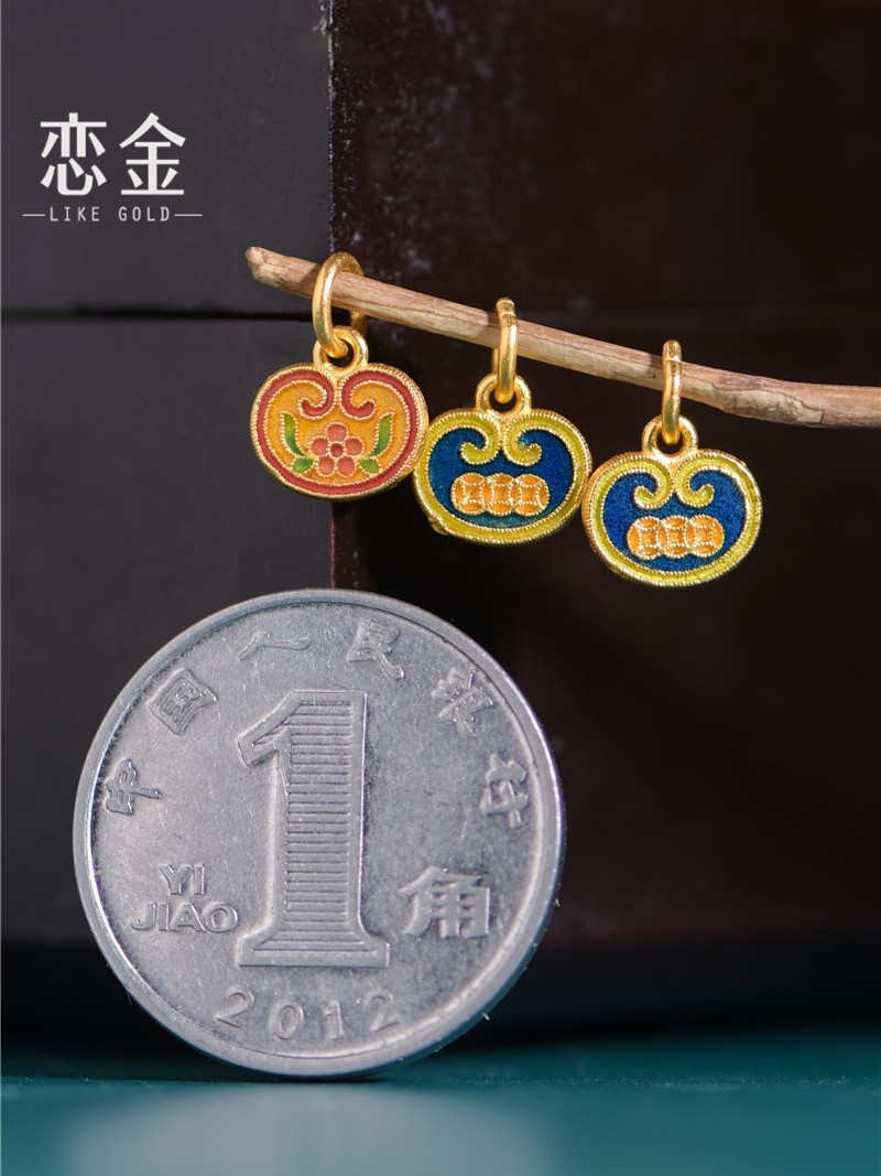 恋金足金珐琅烧蓝如意平安锁吊坠宫廷手工黄金饰品