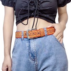 Tangcao Carved Pattern Italian Imported First-Layer Vegetable-Tanned Leather Belt, Handmade Unisex Belt, 3.8cm Wide