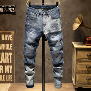 
Original American splicing hole patch biker jeans men's slim fit small feet elastic trendy brand high-end casual