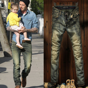 European station Beckham star trendy jeans men's slim feet old retro personality grinding fashion
