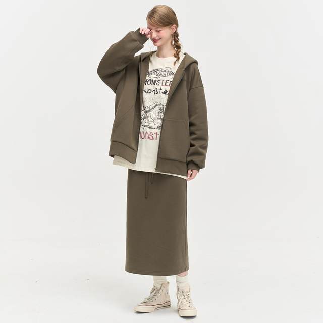 Retro casual style slim and loose straight hooded jacket + one-step skirt