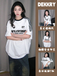 Korean Style Niche Trendy Three-Stripe Letter Short-Sleeve T-Shirt for Women, Summer American Retro Loose Pure Cotton Versatile Top