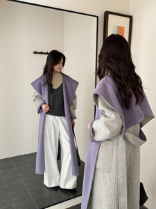 
2025 new autumn and winter women's gray and purple double-sided cashmere coat women's mid-length hooded lace-up wool coat