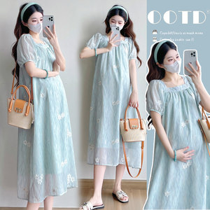 
Maternity summer dress new fashionable and age-reducing Korean version maternity dress loose embroidered square collar short-sleeved chiffon skirt