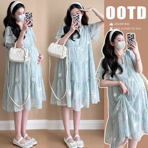 
Maternity summer dress 2026 sweet and stylish little maternity dress short-sleeved loose chiffon embroidered skirt for women