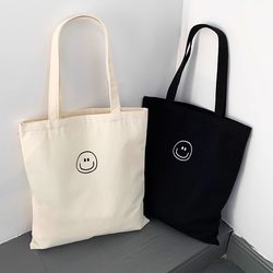 Cute Smiling Face Simple Japanese Style Versatile Canvas Bag for Men and Women College Students to Carry Books to Class Tote Shoulder Eco-Friendly Bag