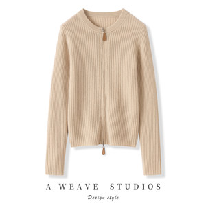 
25 autumn and winter new round neck 100% pure cashmere cardigan jacket for women zipper slim fit versatile slim knitted sweater
