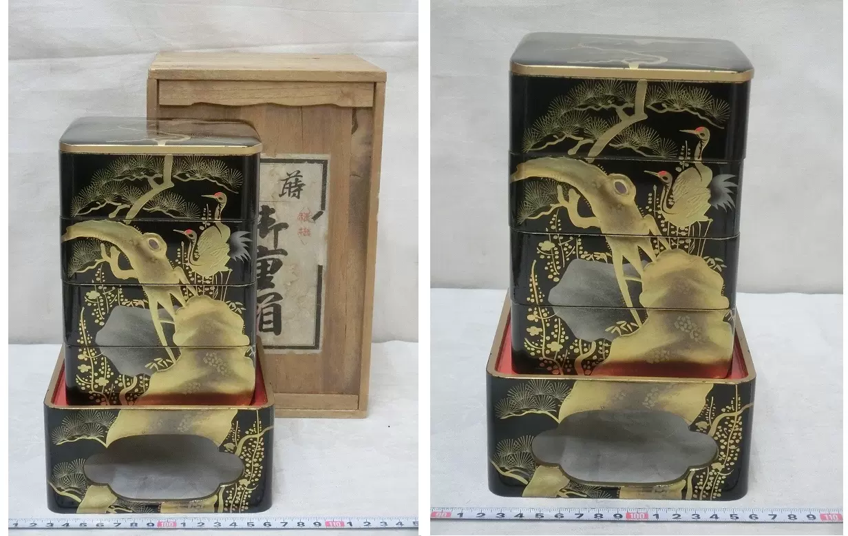 日本精美木製漆器黒塗松鶴蒔絵4段重箱重箱台菓子器-Taobao