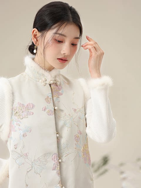 Jianni New Chinese Style Chinese Style Wool Collar Vest Women's Mink Fleece Plate Jacket
