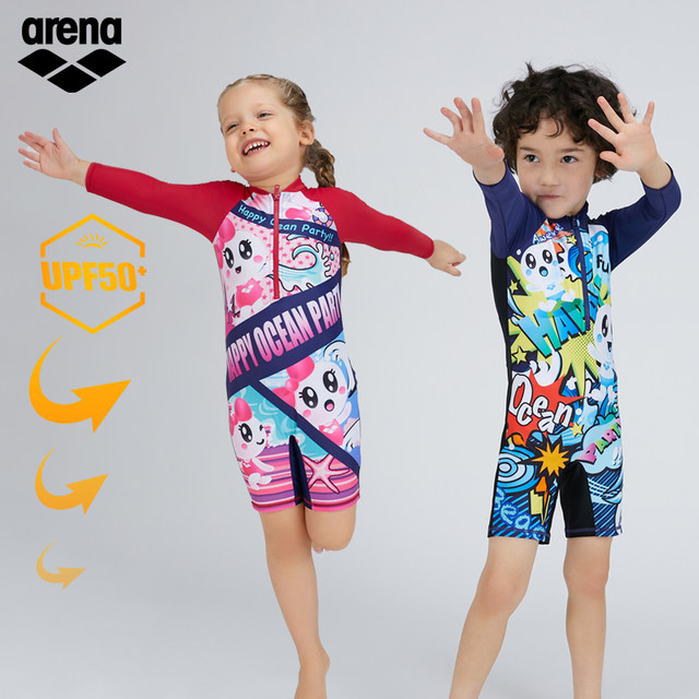 Arena Arena's new children's long -sleeved flat -angle sunscreen swimsuit cartoon boy girl swimsuit
