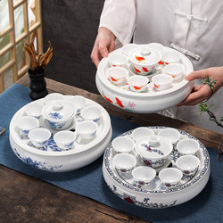 New Chaoshan Kung Fu Tea Set, White Porcelain Round Tea Tray, Ceramic Tea Brewing Set for Home Use in the Living Room, Tea Table, Tea Cups