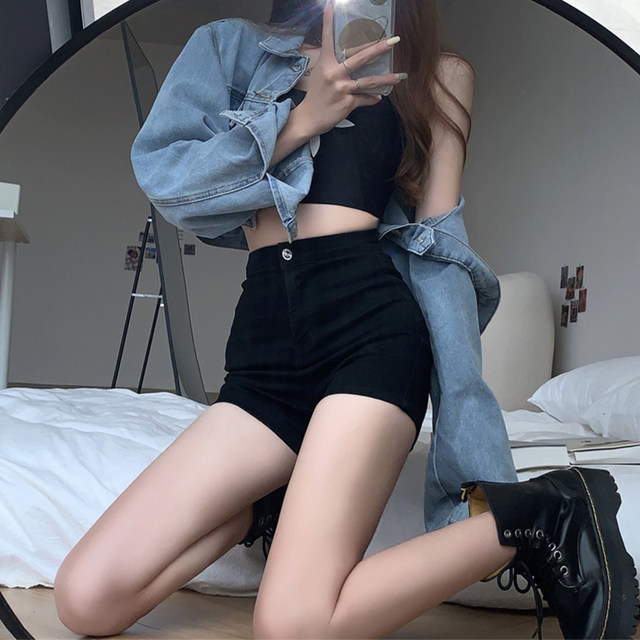Large size black denim shorts for women in summer thin section for fat girls mm design high waist slim stretch a line hot pants