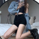 Large size black denim shorts for women in summer thin section for fat girls mm design high waist slim stretch a line hot pants