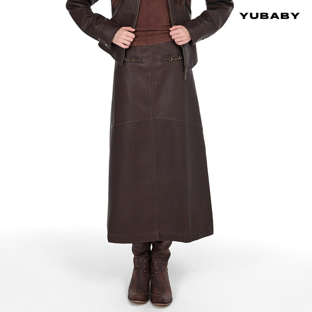 Xiaoyu's old-fashioned brown scrubbing leather retro bronze decorative leather mid-waist long skirt versatile in autumn and winter