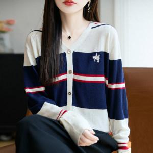 
2025 early autumn new thin knitted cardigan with striped striped long sleeves tops with sweater jacket