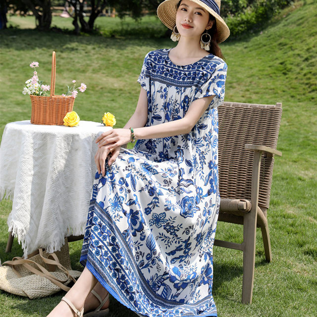 New summer pure cotton silk dress mother's temperament loose casual and fashionable middle-aged and elderly women's skirt