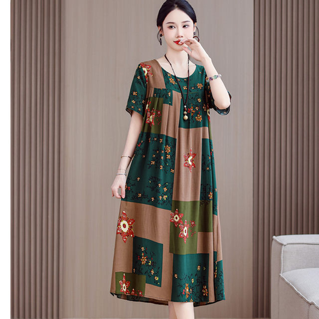 Temperament middle-aged cotton silk dress women's summer new fat mom ...