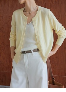 
Summer thin ultra-fine worsted wool long-sleeved round neck knitted cardigan for women 2026 new simple and versatile top