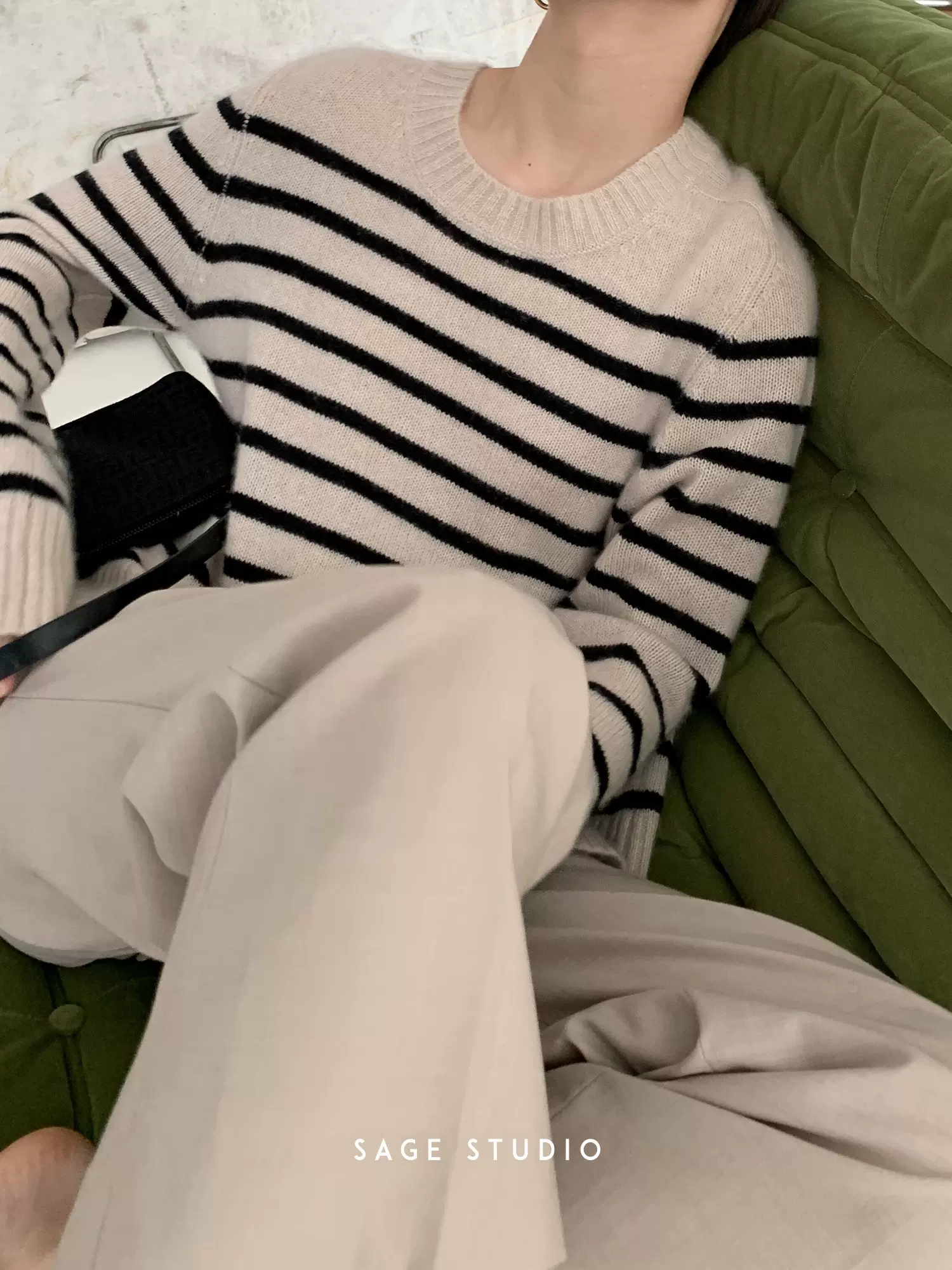 Sage Studio 康赛妮全羊绒秋冬新品圆领撞色条纹针织衫