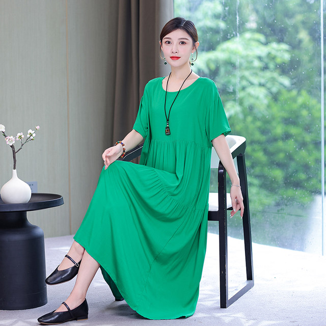 Summer cotton silk dress women's large size loose long knee-length ...