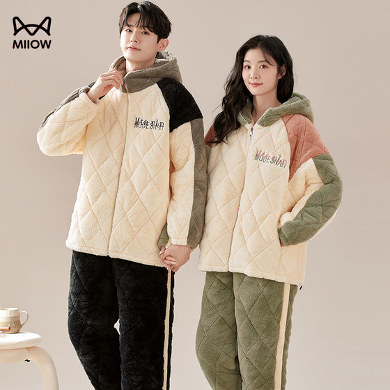 
Cat couple pajamas autumn and winter chaise velvet quilted jacket for men plus velvet thickening can be worn outside hooded home clothes for women