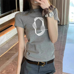 Korean-Style Minimalist Spicy Girl Abstract Print Slim-Fit Short-Sleeve Regular Shoulder T-Shirt for Women, Summer Slimming Versatile Short Top Ins