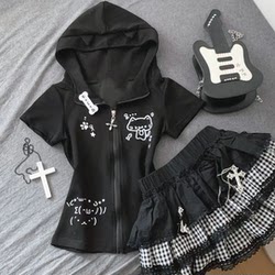 Japanese Style Cute! [Cartoon Cat] Girls' Summer Casual Hooded Short-Sleeve T-Shirt Top for Older Girls in Middle School