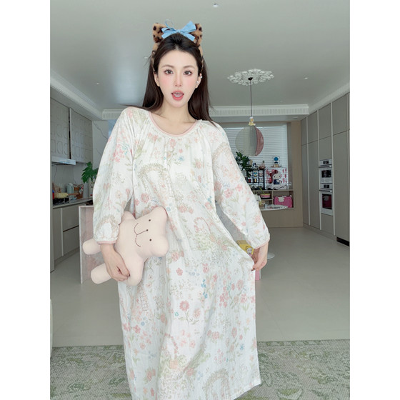 
Little Elephant [Sweet Rabbit Among Flowers] Soft and waxy baby pure cotton gauze long-sleeved nightgown pajamas dress female cartoon home clothes