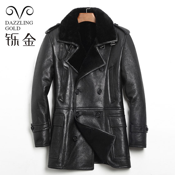 
Men's original leather jacket, lamb fur, wool mid-length wool shear coat