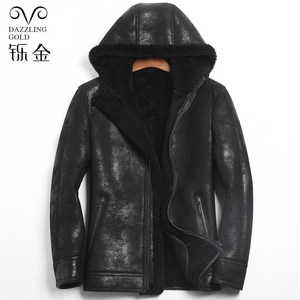 New winter original fur integrated men's jacket motorcycle hooded lamb fur real wool jacket genuine fur turf jacket