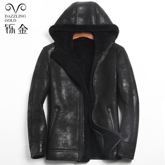 New winter original fur integrated men's jacket motorcycle hooded lamb fur real wool jacket genuine fur turf jacket