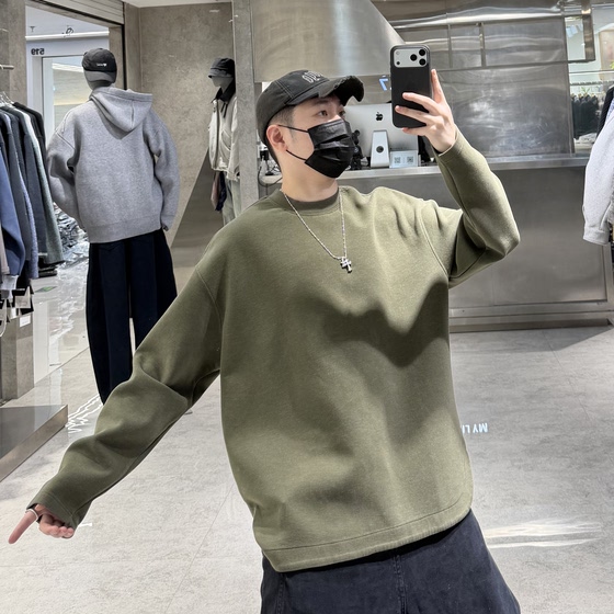 
Trendy brand winter thickened brushed long-sleeved T-shirt for men with waxy baby skin sheep wool hem curved loose warm inner t-shirt