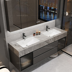 Seamless slate integrated double basin bathroom cabinet combination bathroom hand wash basin smart wash basin.