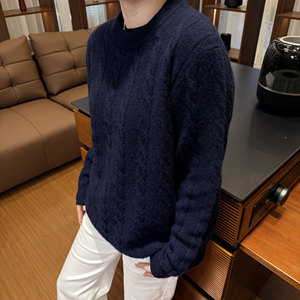 
SEASON MARK old money style navy cable knit cashmere sweater business casual solid color warm sweater for men