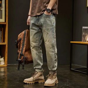 Broken hole jeans men's summer new trendy brand retro washed loose straight leg cropped pants trendy and cool Haren pants