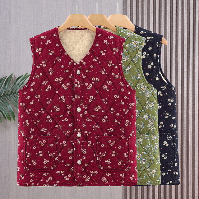 Mother's vest floral corduroy plus velvet thickened autumn and winter clothing middle-aged and elderly women's vest warm waistcoat