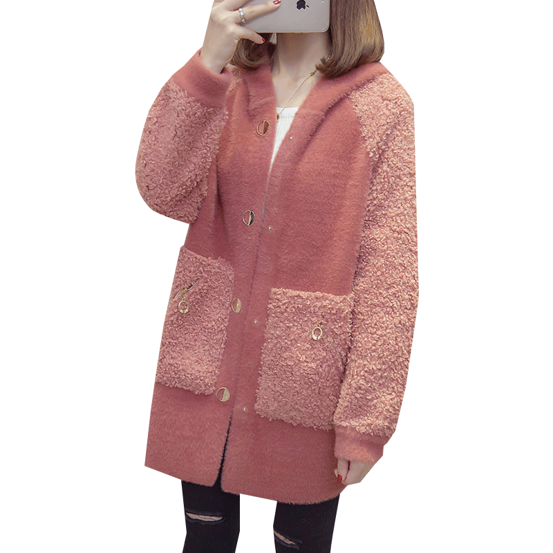 Lamb hair jacket female spring season mid -length sweater loose imitation water mink velvet hooded coat ins tide lazy wind
