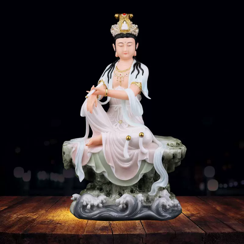 水月自在观音菩萨合成汉白玉石佛像坐像观世音神像居家客厅摆件