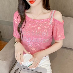 European-Style Rhinestone Off-Shoulder Short-Sleeve T-Shirt for Women, Summer Loose, Fashionable, Trendy, Unique, Chic, Short Top