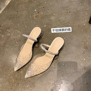 
Rhinestone pointed toe one-strap fashion sandals for women's outerwear, high-end 2026 summer new style, toe-toe half slippers, thick heels