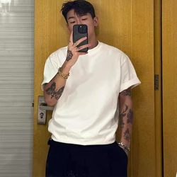 300g Heavyweight White Short-Sleeve T-Shirt for Men, Fitness, Sweat-Absorbent, Loose Fit, Large Size, Pure Cotton, Basic Solid Color White T-Shirt