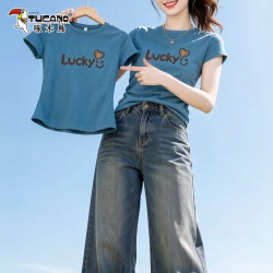 Woodpecker Sea Blue Slimming Short-Sleeve T-Shirt for Women, New Summer Style, Round Neck Pullover with Printed Fashionable and Stylish Top