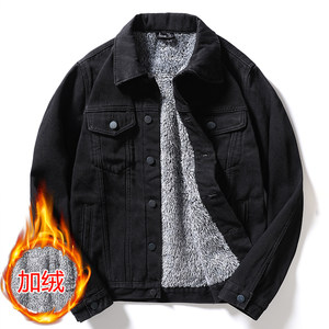 Autumn and winter black plush and thick denim jacket, welder wear-resistant work suit, men's trendy and handsome work jacket