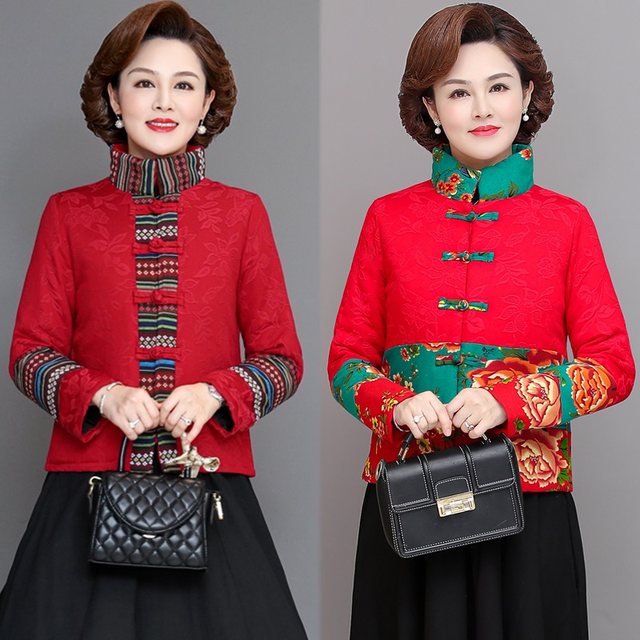Ethnic style mom cotton and linen embroidered flower padded jacket top for women autumn and winter retro buckle Tang suit cotton coat thickened short jacket