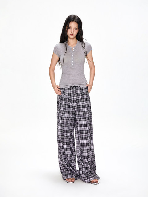 APEA pink plaid casual pants for women 2025 summer thin high waist loose slimming straight wide-leg trousers
