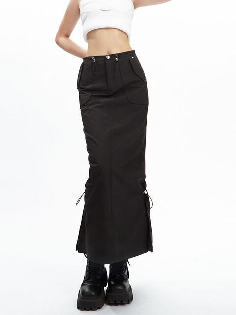 APEA American retro H-shaped design pleated bag work skirt spring and summer gray straight-slit long skirt
