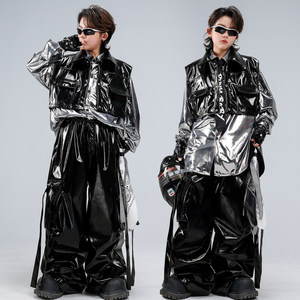 
Street dance children's trendy clothing hip-hop boys black leather jacket and leather pants suit boy catwalk drum performance clothing children